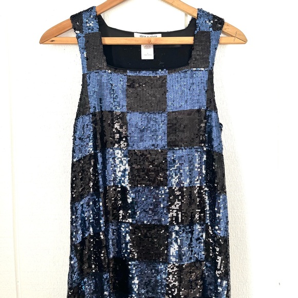 Alice + Olivia Black and Blue Sequin Mini Dress Small Check Checkerboard Pattern - Picture 4 of 12
